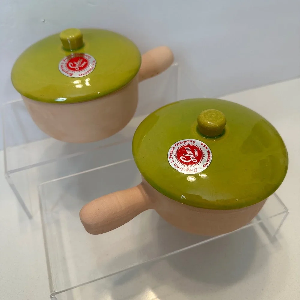 Vintage Solana‎ Ware Bergstrom & French Terracotta Lidded Soup Bowls Green Set 2